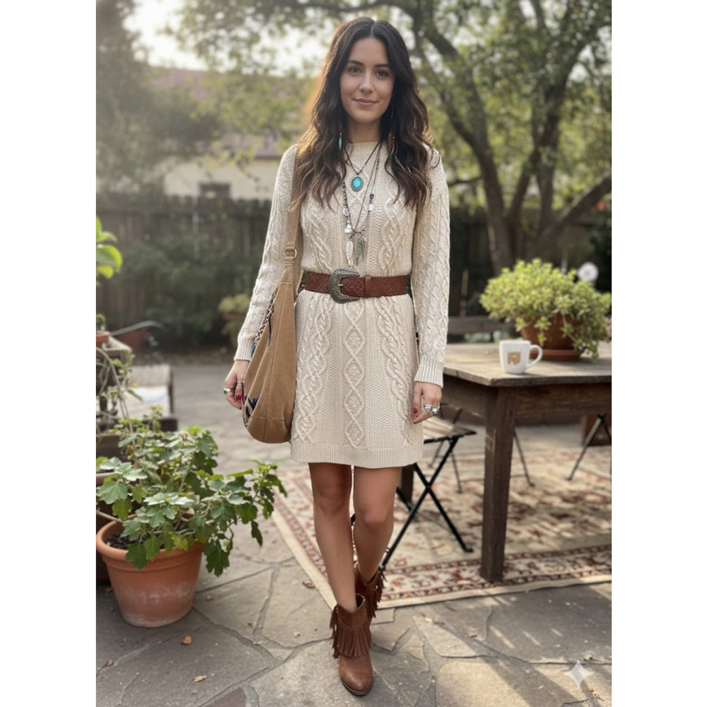 Pink Lily Boho Cable Knit Mini Sweater Dress Size Small